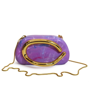 Retro purple marble acrylic evening clutch with gold C-handle and chain strap