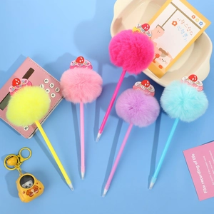 Cute Cake Plush Pom Pom Ballpoint Pen With Sweet Resin Charm Rabbit Fur Decorative Novelty Pen For Students Girls School Office Stationery