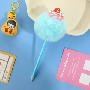 Cute blue plush pom pom pen with strawberry donut charm and smooth light blue body