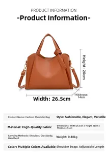 Detailed dimensions of brown soft leather bucket bag showing 26.5cm width and texture