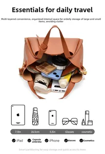 Top view of brown lychee leather bucket bag showing large capacity and multi-layer interior