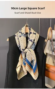 Detail view of 90cm square silk scarf featuring vintage blue floral print on beige fabric