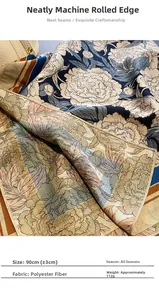 Detailed view of 90cm floral polyester scarf with exquisite machine-rolled hem detail