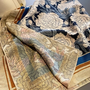 Fashionable floral silk scarf with peony patterns and elegant striped borders for women