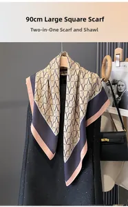 Detail of 90cm geometric V-pattern silk scarf with navy and pink contrast borders