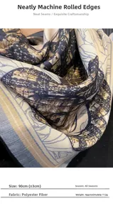 Detailed view of camellia print scarf showing premium polyester twill texture and machine hem