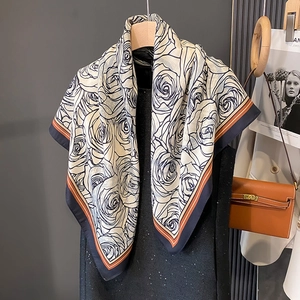 Elegant Camellia Flower Print Square Scarf Satin Satin Feel Large Shawl Wrap For Women Fashion Office Accessory