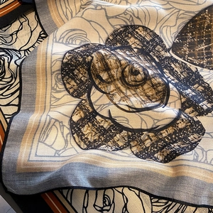 Elegant camellia print scarf with plaid pattern and herringbone texture fabric