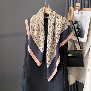Fashion Square Scarf Geometric Monogram Print Large Satin Like Shawl Elegant Color Block Neck Scarf For Women