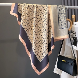 Elegant geometric square scarf with logo print and tricolor border for women