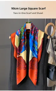 Detailed view of 90cm large silk scarf with colorful abstract print and smooth texture