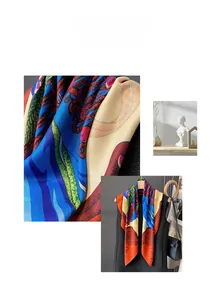 Close-up of silk scarf with artistic patterns in royal blue, vermilion, and grass green
