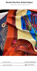 Close-up of fine machine-rolled edge and vibrant blue floral print on polyester scarf