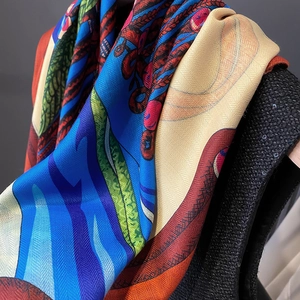 Elegant double-sided floral silk scarf with bold blue and orange twill patterns