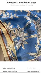 Detailed macro view of 90cm floral polyester scarf with elegant herringbone fabric texture