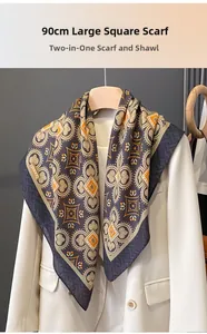 Detail of a 90cm oversized square scarf with geometric pattern draped on a white blazer