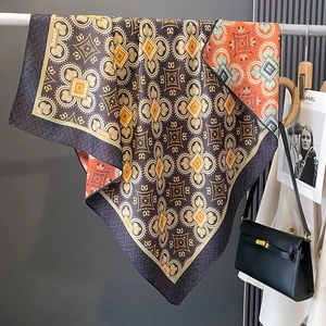 Silk-like large square scarf with brown floral patterns and geometric border design