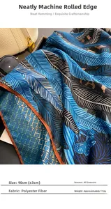 Detail of blue silk scarf featuring elegant feather and butterfly patterns with gold clasp