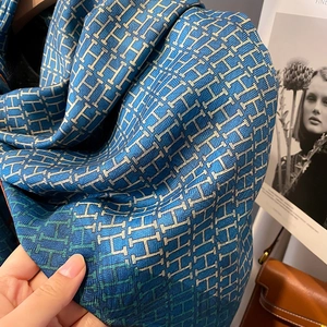 Detail of soft leopard print silk scarf showing gradient blue fabric and twill texture