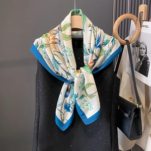 Elegant Floral Print Square Scarf Satin Feel Polyester Head Neck Wrap For Women French Retro Style Lightweight Shawl