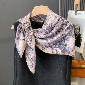 Carré De Soie Élégant Pour Femmes Imprimé Toile De Jouy Polyester Châle De Protection Solaire Foulard Mode Recto-Verso