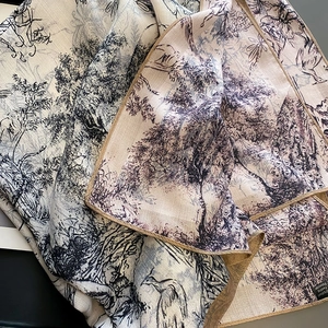 Écharpe artistique double-face Toile de Jouy avec des détails de franges élégants