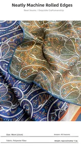 Detail of paisley polyester scarf showing machine hem edge and classical pattern texture