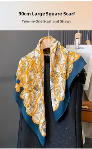 Détail d'un carré de 90cm avec lignes géométriques jaunes et motif floral en satin brillant