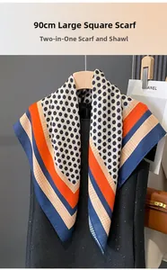 Close-up of a 90cm oversized square scarf with polka dots and colorful stripe edges