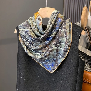 Elegant 90cm large square scarf with abstract oil painting print in blue and yellow