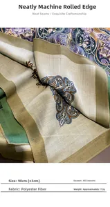Détail d'un foulard en polyester de 90cm avec motif paisley et ourlet roulé à la machine