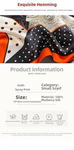 Détail d'un foulard en soie 100% avec imprimé camélia, pois et spécifications