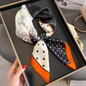 Foulard Carré En Satin De Mûrier Imprimé Roses Et Pois Vintage Élégant Écharpe En Satin Avec Bordure Orange Contrastée Pour Femmes