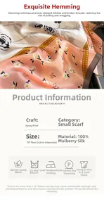 Detail of 100% mulberry silk scarf with floral print, stitching and washing care label