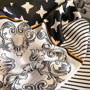 Fashion silk square scarf featuring houndstooth and baroque patterns with yellow borders