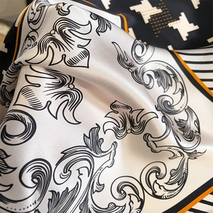 Fashion silk square scarf featuring houndstooth and baroque patterns in black and white