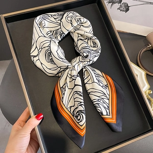 Elegant Rose Floral Print Mulberry Satin Square Scarf Lightweight Neck Wrap For Women Professional Office Fashion