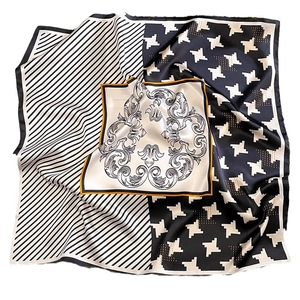 Fashion silk square scarf with houndstooth, stripes, and baroque floral patterns