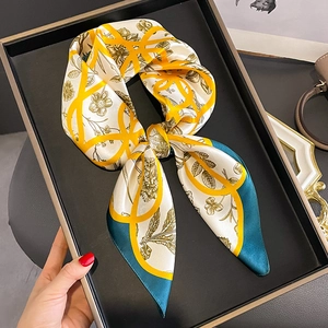Fashion silk neck scarf with yellow geometric lines and dark green floral patterns