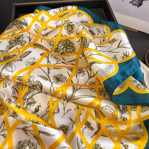 Elegant silk scarf with vintage floral print and yellow grid over teal satin borders