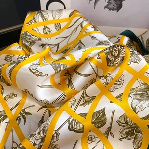 Fashion silk square scarf with vintage floral prints and yellow geometric patterns
