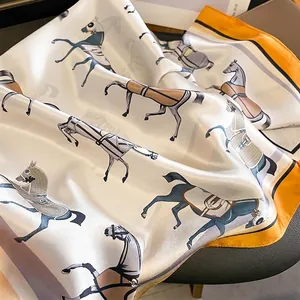 Elegant ivory and orange silk square scarf featuring a vintage horse print design