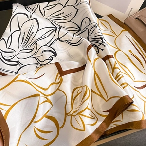 Elegant French style silk square scarf with vintage lily floral print on beige background