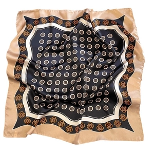 Elegant silk scarf with camellia floral patterns and polka dots in black and gold