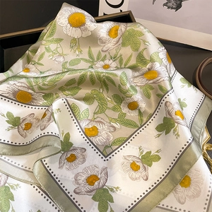 Vintage mulberry silk scarf with green daisy and rose floral pattern and polka dot edges