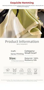 Detailed view of 100% mulberry silk scarf texture and 70x70cm size specification chart