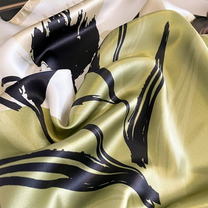 65cm silk scarf with abstract floral pattern in olive green, white and black tones