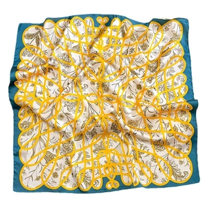 Floral print silk square scarf with blue border and yellow geometric patterns for women