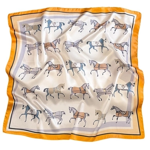 Elegant silk scarf with horse and equestrian motif in orange and cream white colors