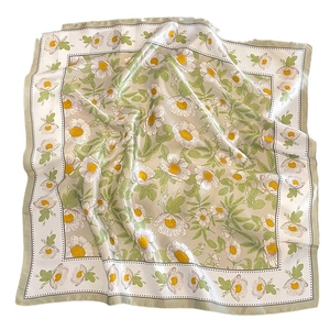 Floral 100% mulberry silk scarf with daisy prints and polka dot borders on green and white